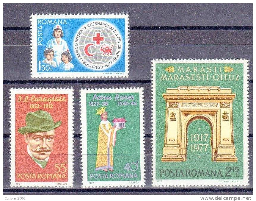 Romania 1977 / Aniversary - Caragiale, Petru Rares, Red Cros, Marasti-Marasesti-Oituz - Unused Stamps