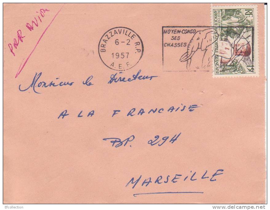 Afrique,Congo,Brazz     Aville  Le 06/02/1957 > France,lettre,Colonies,Mo     Yen  Congo Ses Chasses,éléphants - Brieven En Documenten