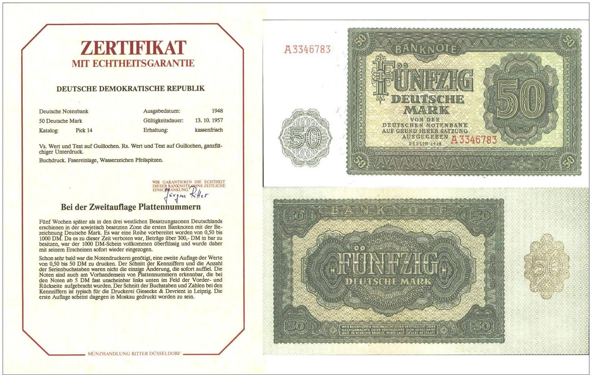 DDR - 50 Mark 1948 - Deutsche Notenbank:  - Zertifikat Münzhandlung Ritter - 50 Deutsche Mark