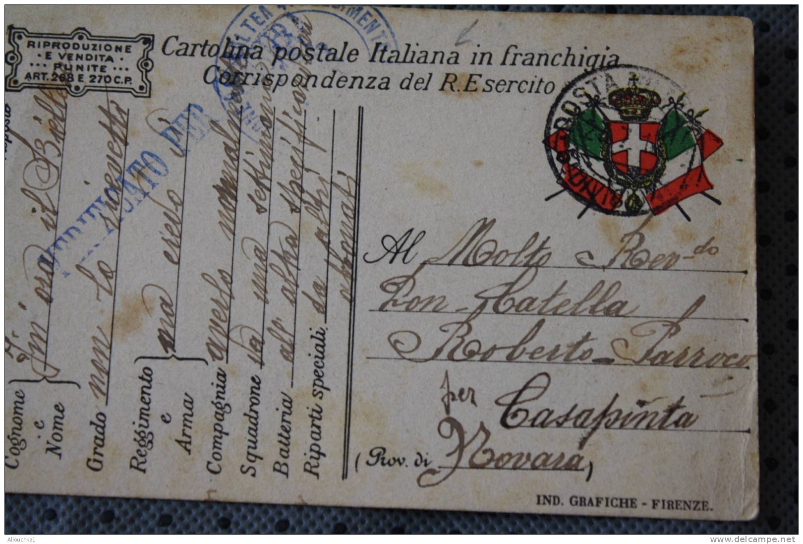 MILITARIA CARTE EN FRANCHISE MILITAIRE ITALIA  DALE FRONTE 19-7-1917 &gt; CENSURE VERIFISCATO PER ...GUERRA WAR CASAPINT - Macchine Per Obliterare (EMA)