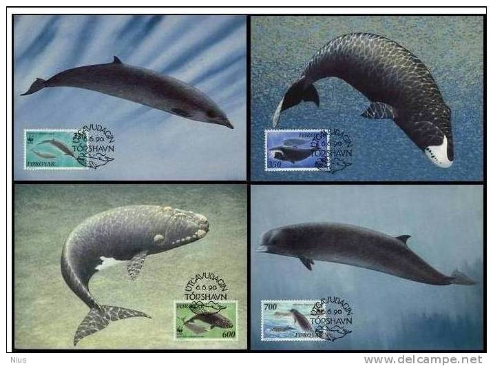 Faroes Foroyar 1990 WWF W.W.F. Northern Bottlenose Whale Maximum Cards Fauna Set X4 Marine Life Dolphin - Cartes-maximum