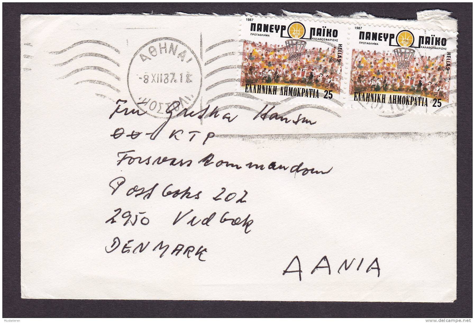 Greece ATHENS 1987 Cover To VEDBÆK Denmark Basketball Stamps Pair - Brieven En Documenten