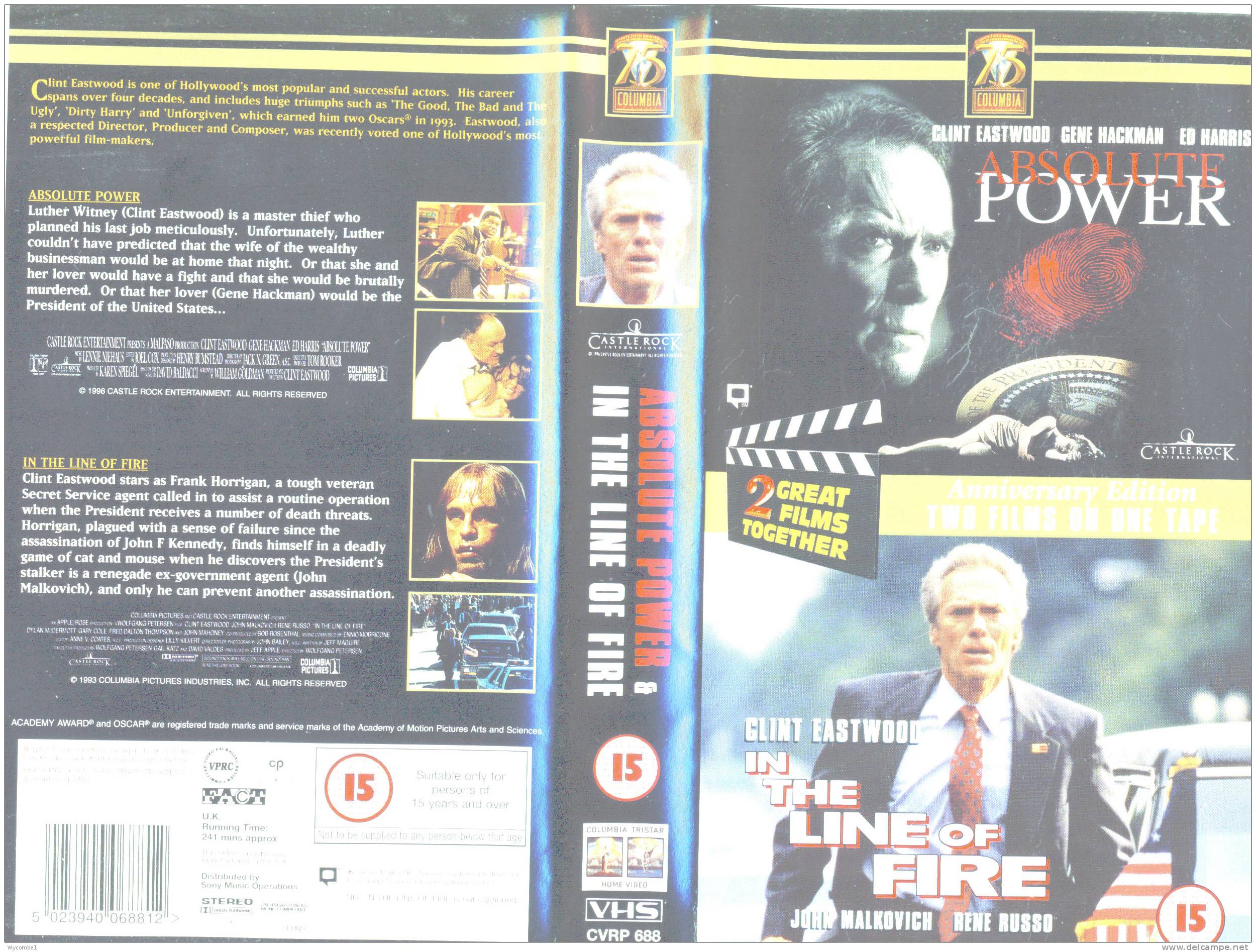 ABSOLUTE POWER/IN THE LINE OF FIRE - Clint Eastwood 2 Films On 1 Tape (Details On Scan) - Action, Adventure