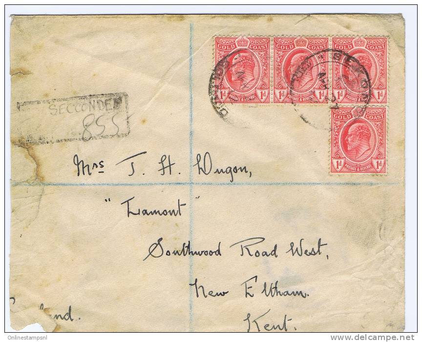 Gold Coast Registered Cover 1912 To Kent UK, Wax Sealed, London Reg. Office Cancels Black And Red - Gold Coast (...-1957)