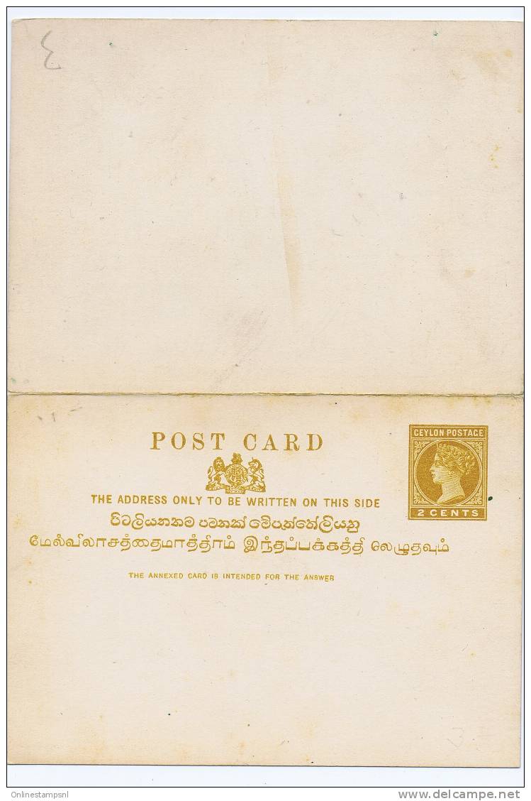 Ceylon, QUEEN VICTORIA Postcard With Answer Part Attached, Mint , Rare! - Ceylon (...-1947)