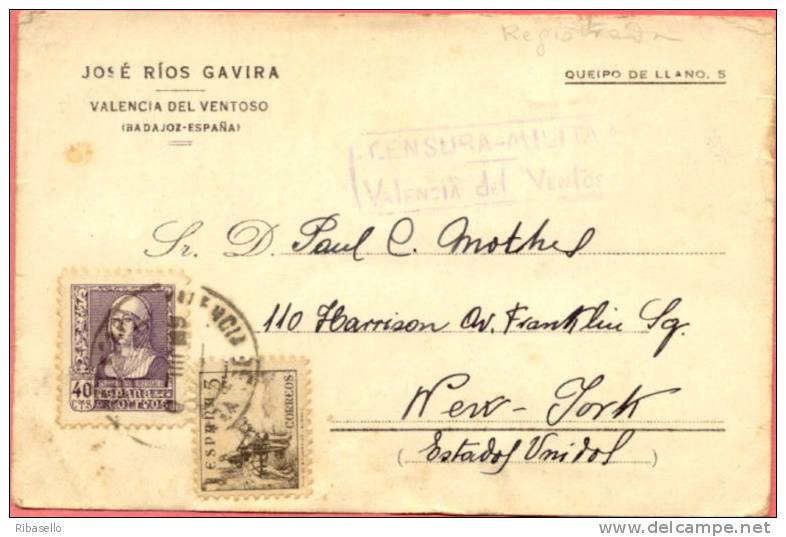 España 1939. Tarjeta Postal De Valencia Del Ventoso A Nueva York. Censura. - Marcas De Censura Nacional