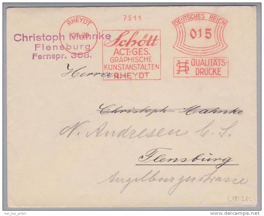 Freistempel Rheydt 1930-04-02 Schött Act.Ges.Graphische Kunstanstalten 15Pf. - Franking Machines (EMA)