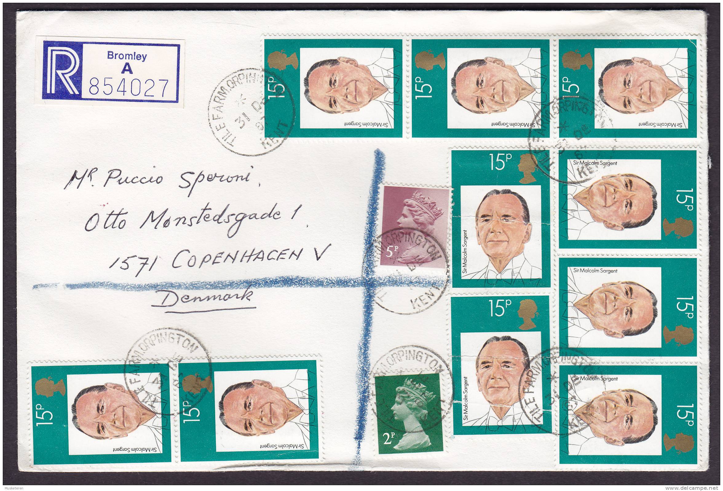 Great Britain Registered Recommandée BROMLEY (Kent) Label Mult Franked 1987 Cover To COPENHAGEN Denmark (2 Scans) - Covers & Documents