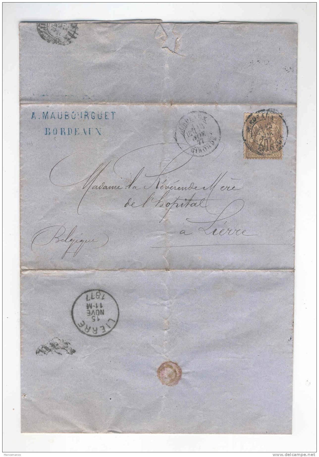 767/17 -  FRANCE - Lettre TP Sage 30 C BORDEAUX 1877 Vers LIERRE - Facture Négociant En Vins Maubourguet - Vins & Alcools