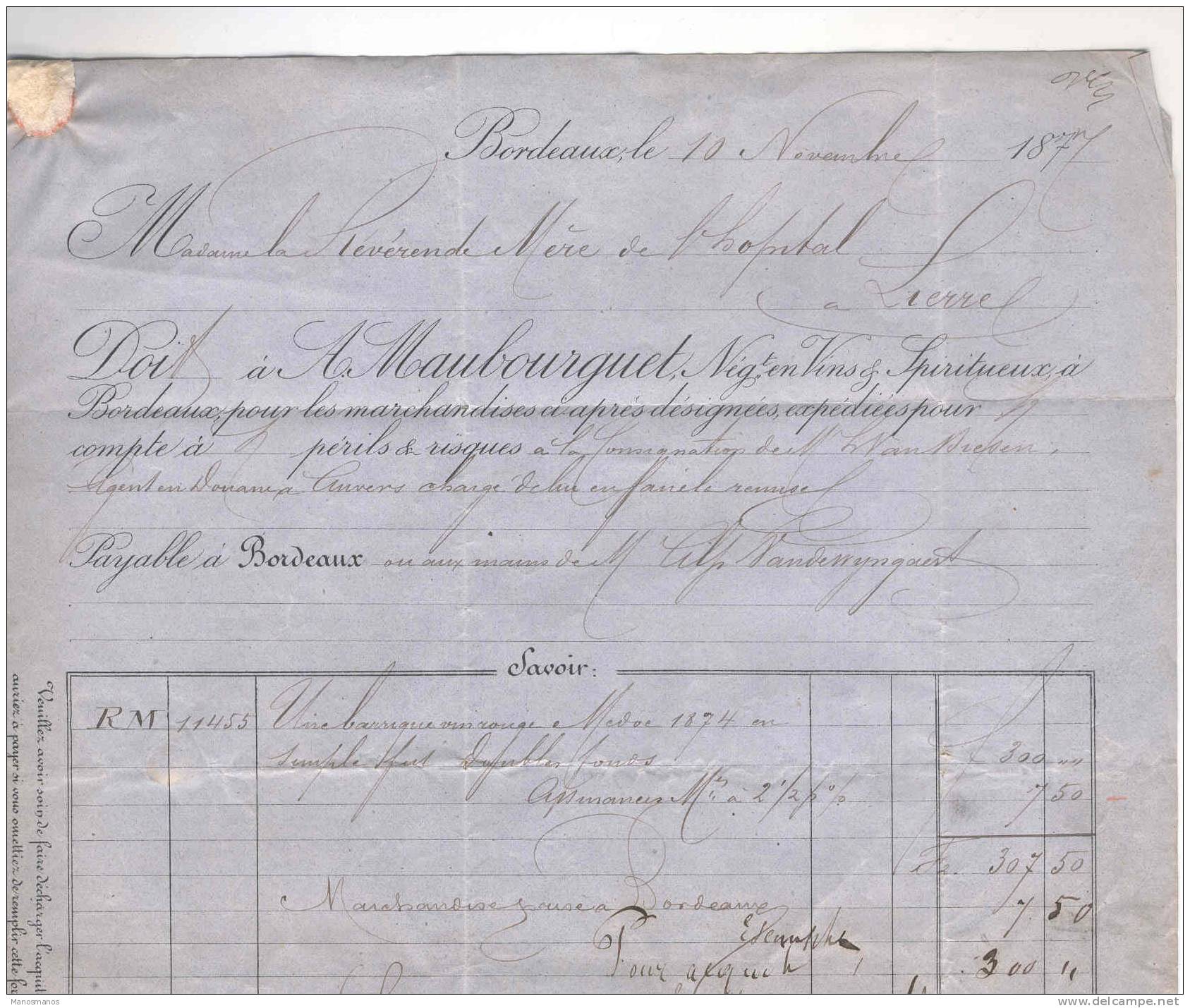 767/17 -  FRANCE - Lettre TP Sage 30 C BORDEAUX 1877 Vers LIERRE - Facture Négociant En Vins Maubourguet - Vins & Alcools