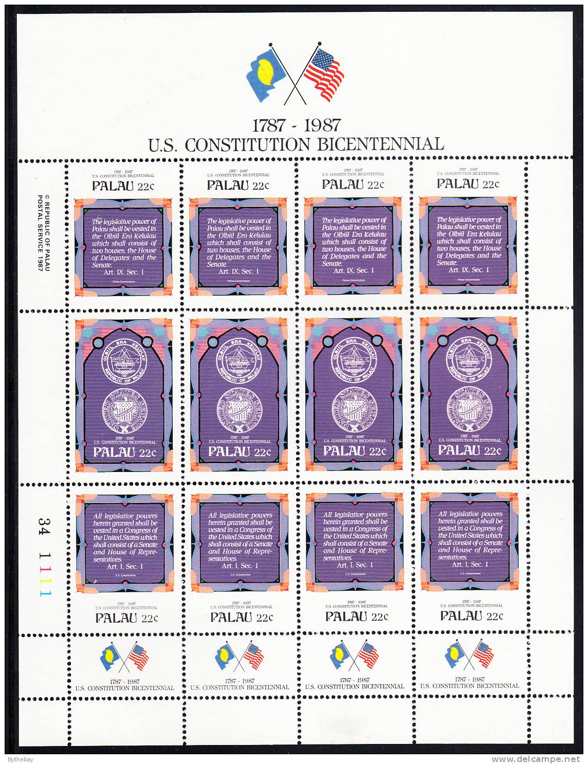 Palau Scott #160a MNH Sheetlet Of 12 22c US Constitution Bicentenary - Palau