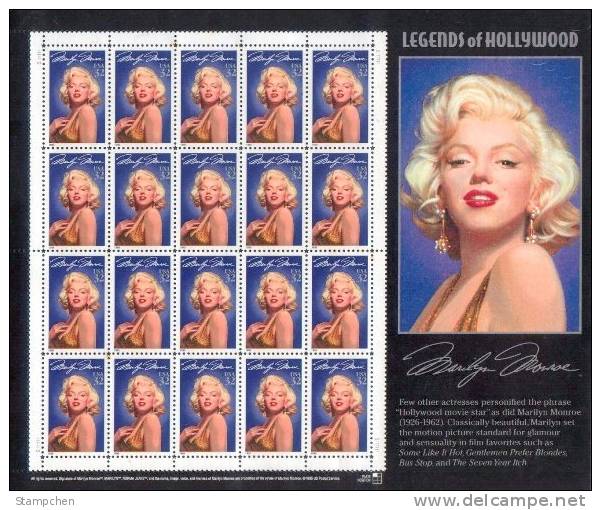 1995 USA Marilyn Monroe Stamp Sheet #2967 Legends Of Hollywood Famous - Blokken & Velletjes