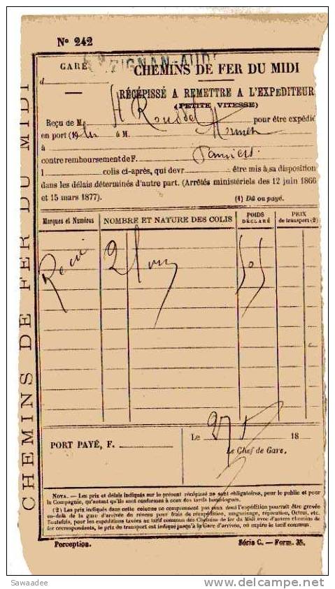 RECEPISSE - TRANSPORT - CHEMINS DE FER DU MIDI -GARE DE LEZIGNAN - 1870 ? - AUDE - TAMPON 70 C. - Transportmiddelen