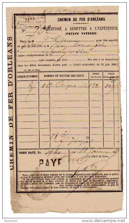 RECEPISSE - TRANSPORT - CHEMINS DE FER D´ORLEANS - PETITE VITESSE - 1877 - TAMPON 70 CENTIMES - Transports