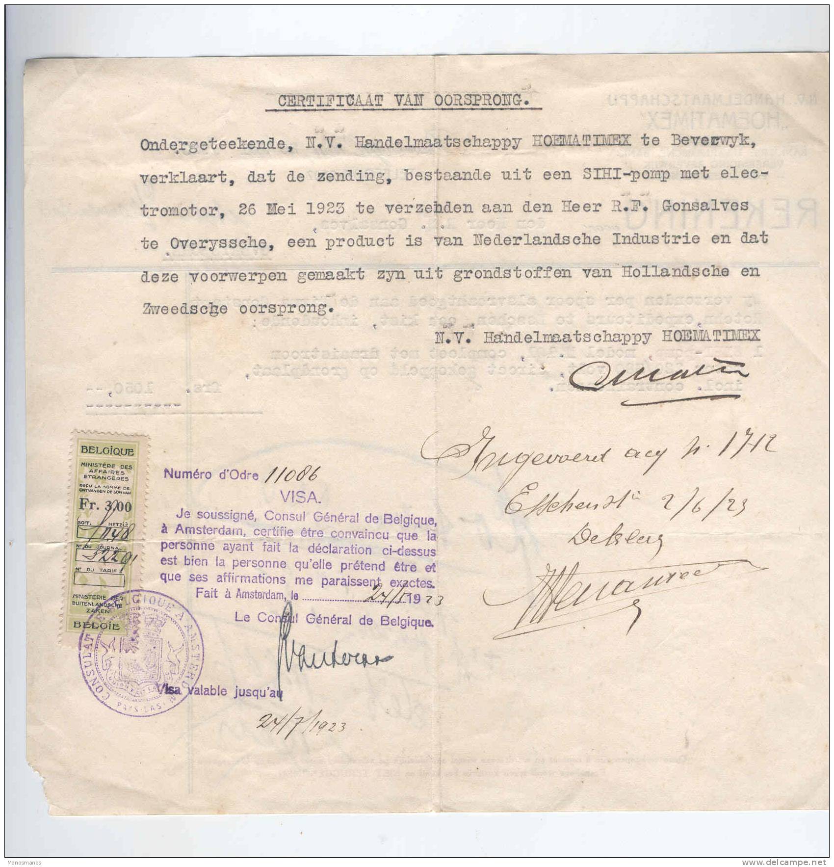 771/17 -  NEDERLAND / BELGIQUE - Facture Pompe SIHI 1923 BEVERWIJK - Timbre Fiscal Consulat Belge AMSTERDAM - Non Classés