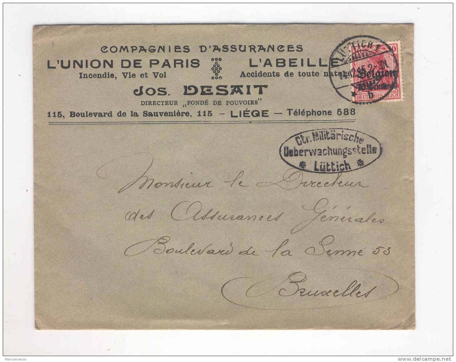 794/17 -  BELGIQUE ABEILLES - Lettre TP Germania LUTTICH 1915 - Entete Assurances L´Abeille Et L'Union De Paris - Abeilles
