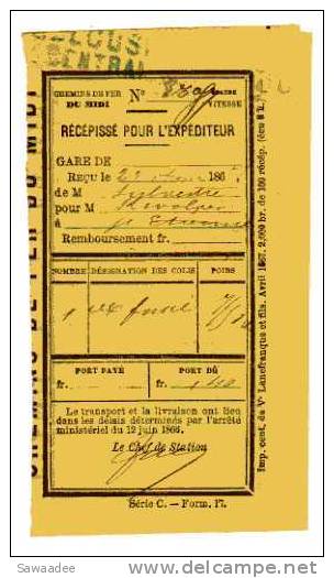 RECEPISSE POUR L´EXPEDITEUR - CHEMIN DE FER DU MIDI - GRANDE VITESSE -1867 - TAMPON RECIPISSE CHEMIN DE FER 20 CENTIMES - Verkehr & Transport