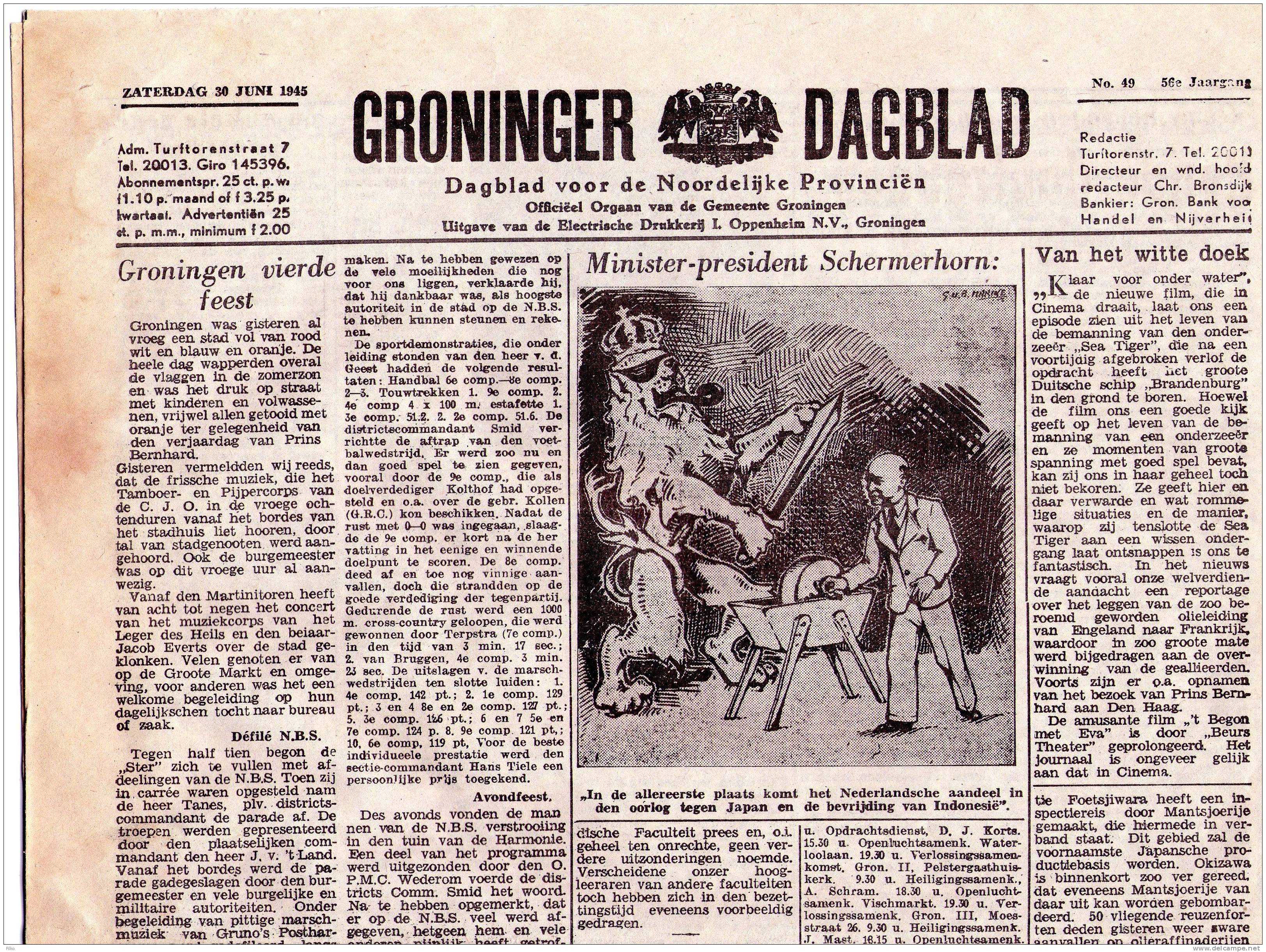 Netherlander Newspaper " GRONINGER DAGBLAD" Dated 30.06.1945,as Scan - Andere & Zonder Classificatie