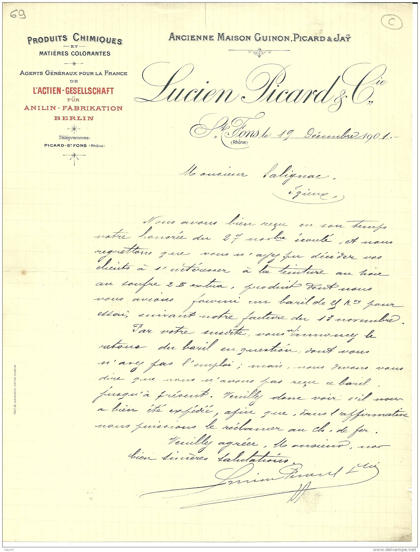 69.RHONE.SAINT FONS. PRODUITS CHIMIQUES ET MATIERES COLORANTES. LUCIEN PICARD & Cie. - Autres & Non Classés