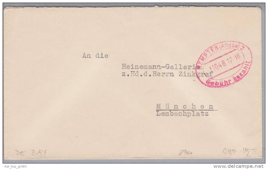 Heimat Bayern Kempten 1948-10-01 Gebühr Bezahlt Nach München - Lettres & Documents