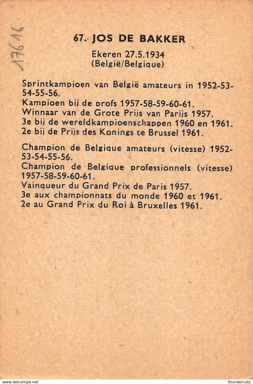 CHROMO PASPORT CYCLISME COUREUR VELO ** VERLOOP CARRIERE WIELRENNER WIELRENNEN RENNER **  JOS DE BAKKER - Cyclisme