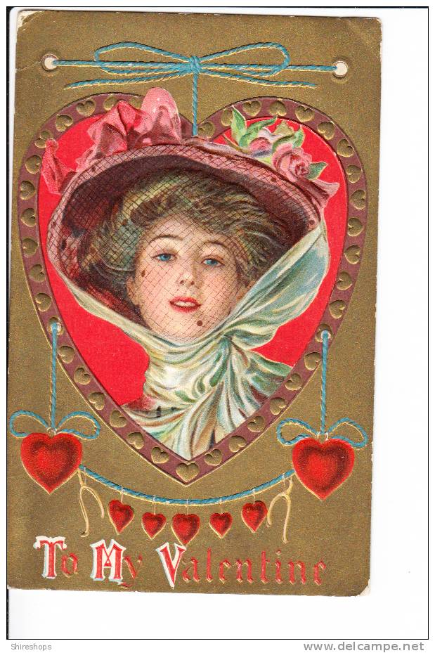 Embossed To My Valentine Woman In Red Hat Hearts - Saint-Valentin