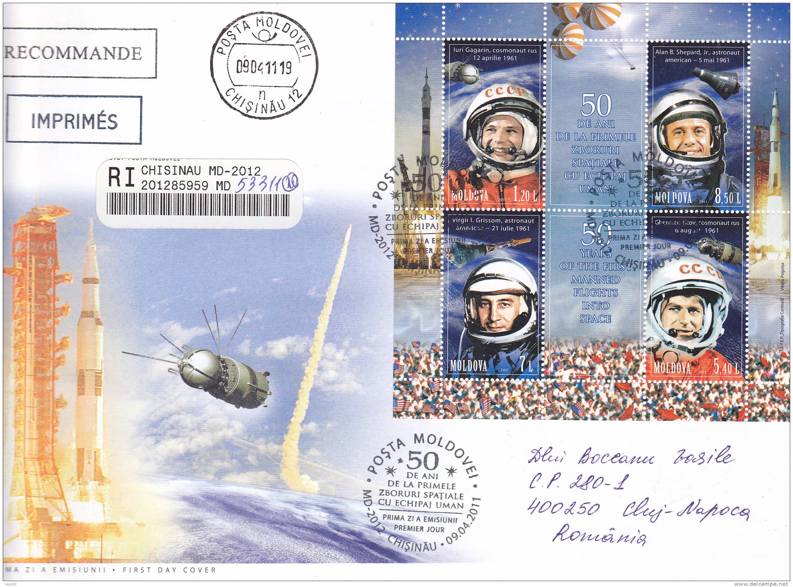 Cosmos,Espace Cosmonaut Gagarin Etc. Cover FDC,premier Jour 2011 Sent To Mail In First Day,Moldova. - Europe