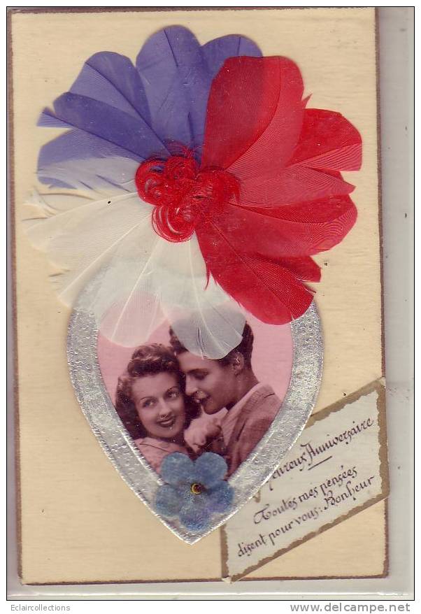 Fantaisie.. Couple.. Amoureux....Vraies Plume Tricolores..  Coeur..Porte Bonheur - Sonstige & Ohne Zuordnung