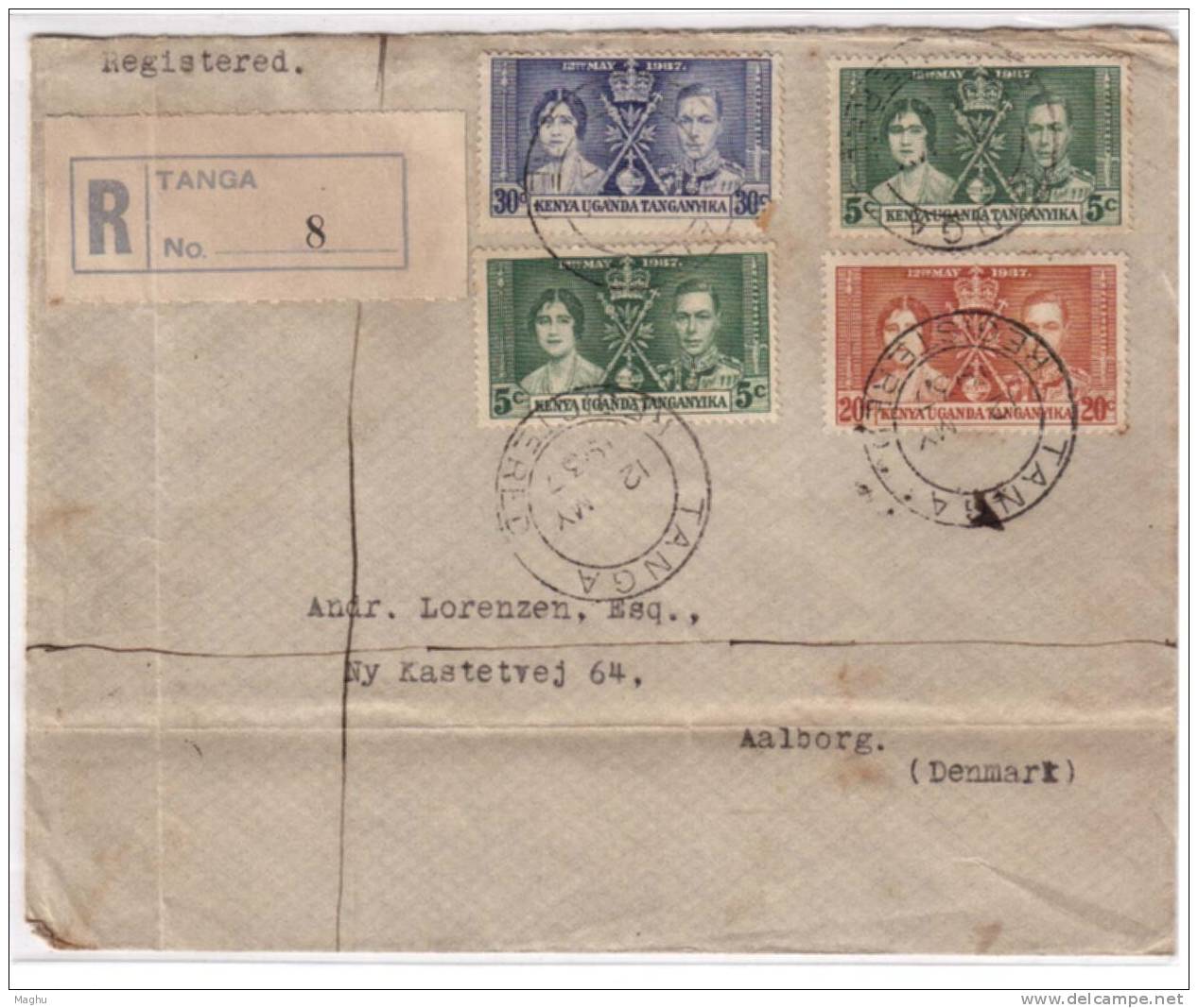 Kenya Uganda Tanganyika, K.U.T. To Denmark, 1937  Registered Cover, Coronation Set Of 3, - Kenya, Oeganda & Tanganyika