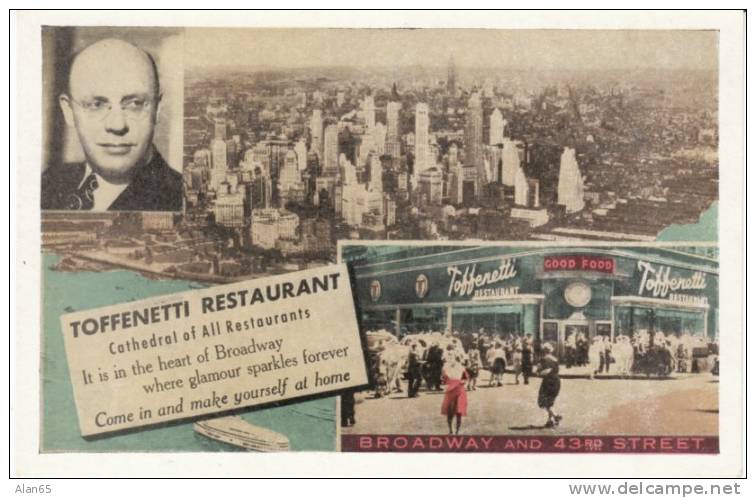 Toffenitti Restaurant New York City Manhattan Skyline, C1930s Vintage Lumitone Postcard - Cafés, Hôtels & Restaurants