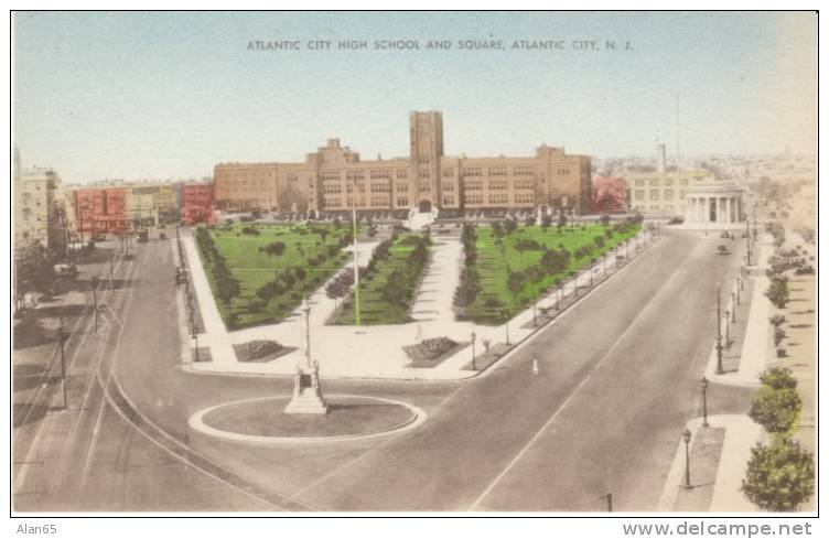 Atlantic City NJ New Jersey, High School And Square C1930s Vintage Postcard - Atlantic City
