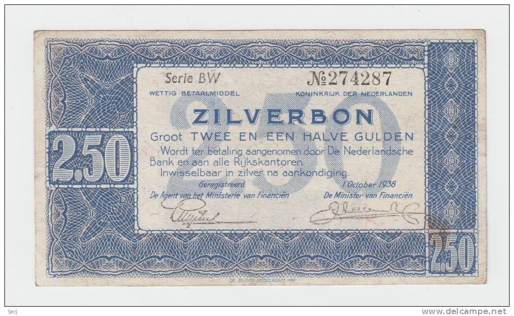 Nethrlands 2.5 Gulden 1938 Zilverbon VF+ CRISP Banknote P 62 - 2 1/2 Gulden