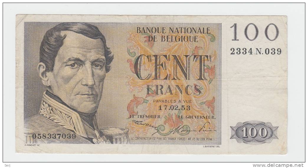 Belgium 100 Francs 1953 VF++ CRISP Banknote P 129b 129 B - 100 Francos