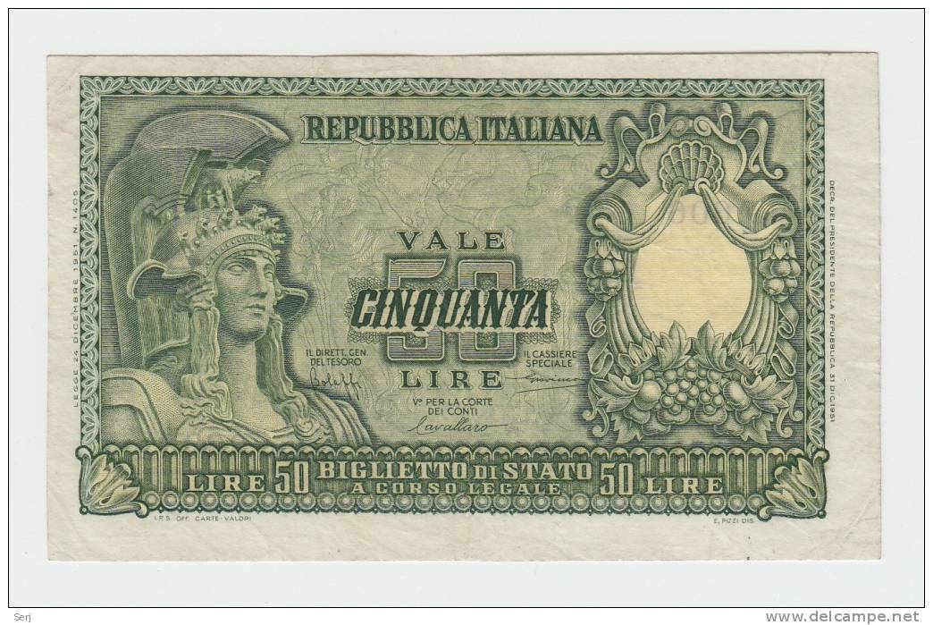 Italy 50 Lire 1951 VF++ CRISP Banknote P 91a 91 A - 50 Lire