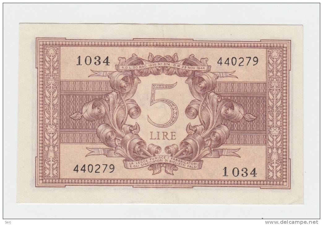 ITALY 5 Lire 1944 XF+ P 31c 31 C - Italia – 5 Lire