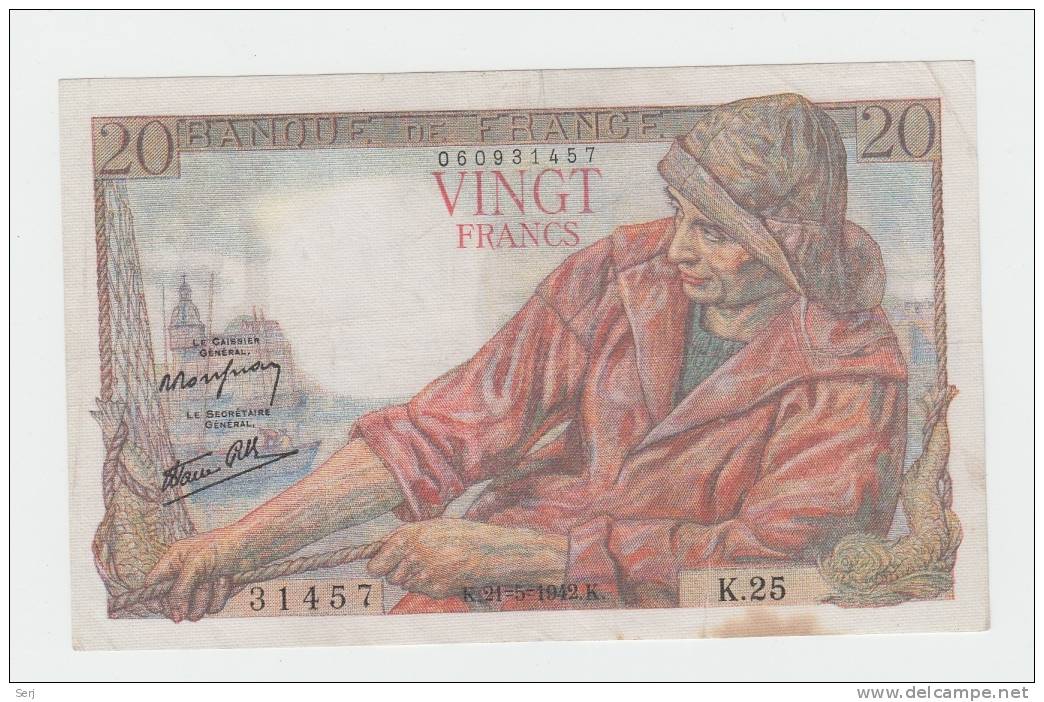 FRANCE 20 FRANCS 1942 VF++ P 100a 100 A (No Pinholes) - 20 F 1942-1950 ''Pêcheur''