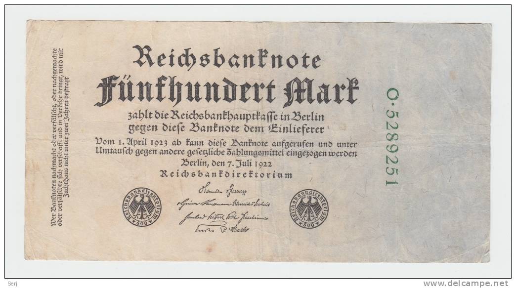 Germany 500 Mark 1922 AF Banknote (7 Green Digit) P 74b 74 B - 500 Mark