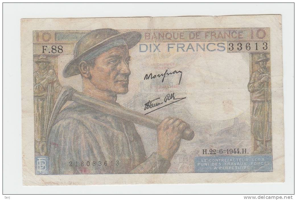 FRANCE 10 FRANCS 1944 VF+ P 99e 99 E - 10 F 1941-1949 ''Mineur''