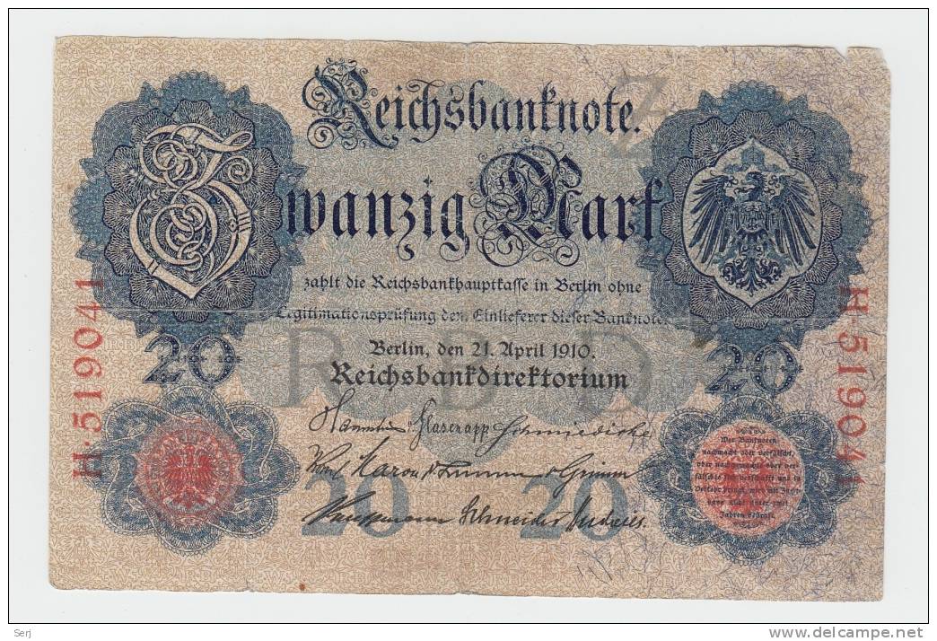 Germany 20 Mark 21-4- 1910 ""F"" P 40a 40 A RARE (6 Digit SN) - 20 Mark