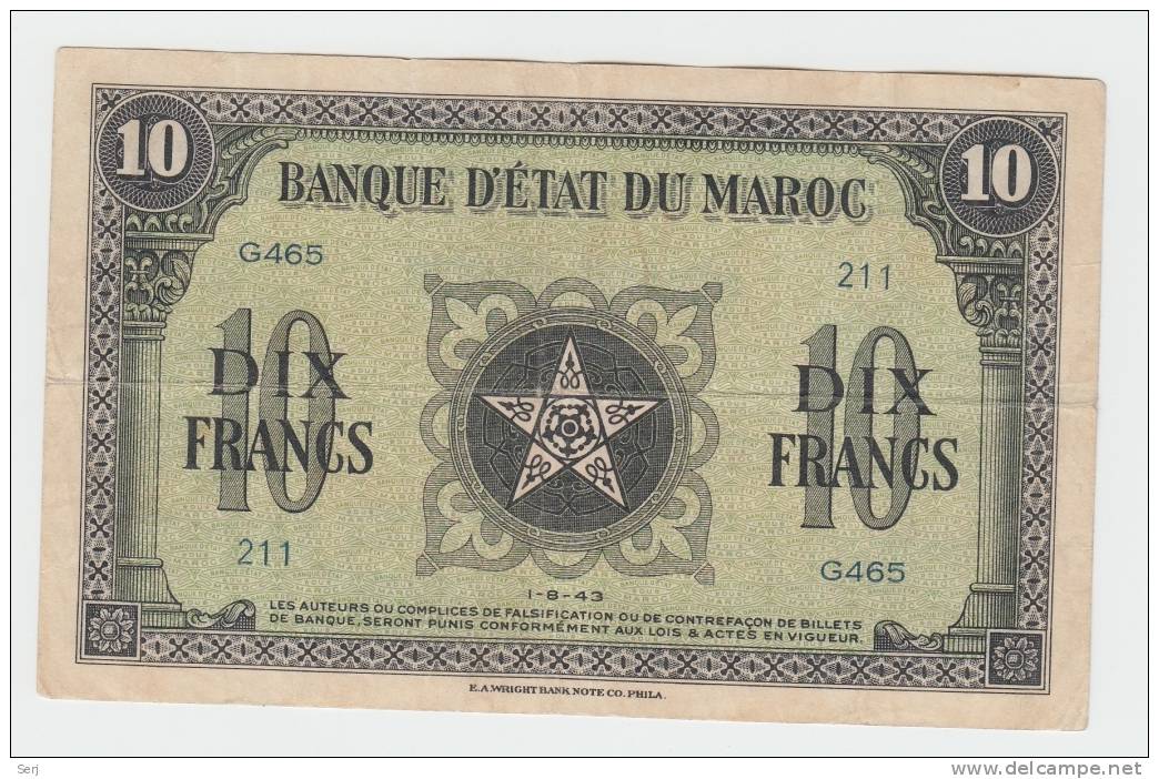 MOROCCO 10 DIX FRANCS 1943 VF+ P 25 - Marocco