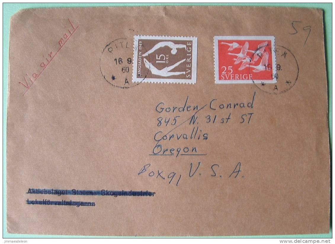 Sweden 1960 Cover To Corvallis Oregon - Birds Wooper Swans - Sport Gymnastics Girl And Boy - Covers & Documents