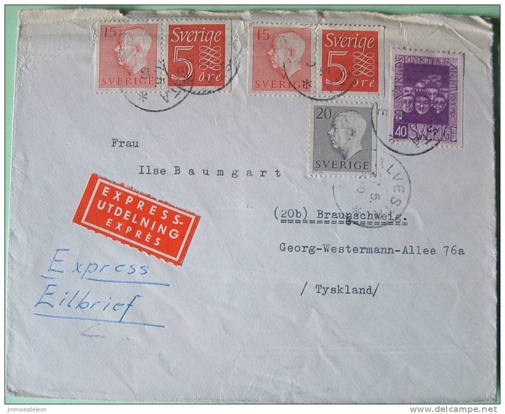 Sweden 1960 Cover To Germany - Gustaf VI - Numerals - International Refugee Year - Faces Races - Cancel On Back - Storia Postale