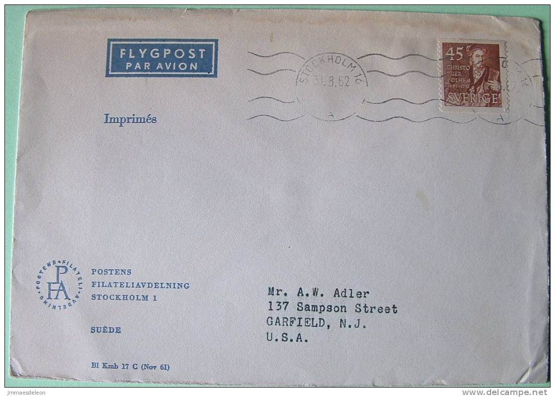 Sweden 1962 Cover To Garfield USA - Christopher Polhem Engineer Technician - Lettres & Documents