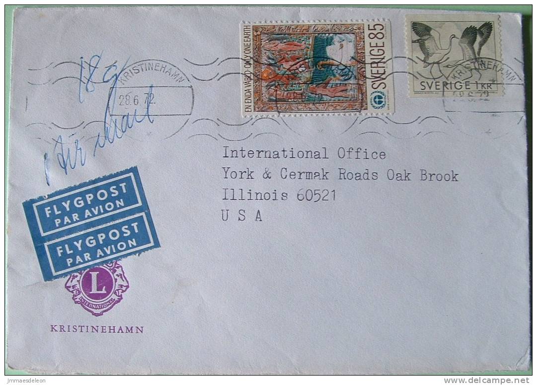 Sweden 1972 Cover To Illinois USA - Birds Dancing Cranes - Lions Club Logo - Sping By Bror Hjorth - Swan - UN ONU - Storia Postale