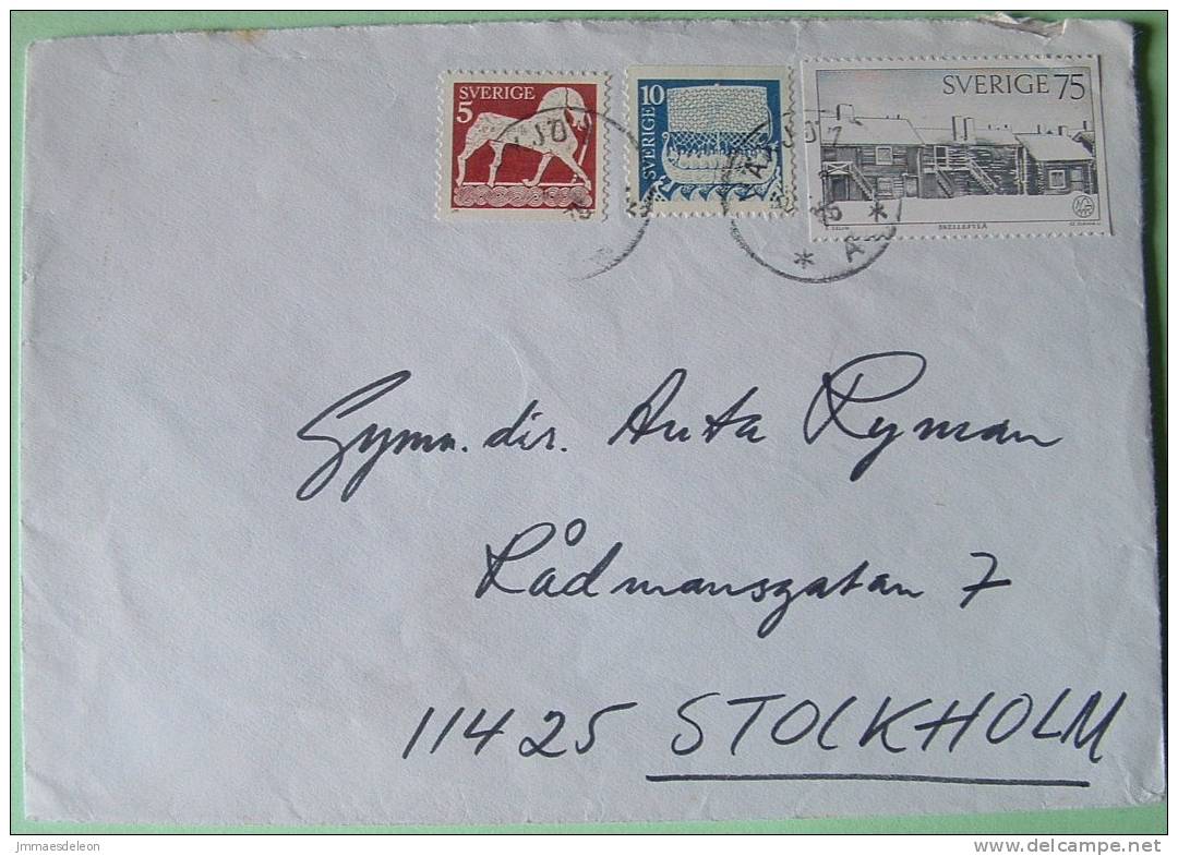 Sweden 1975 Cover To Stockholm - Horse Ship Lanscape Houses Under Snow Skelleftea Church - Brieven En Documenten