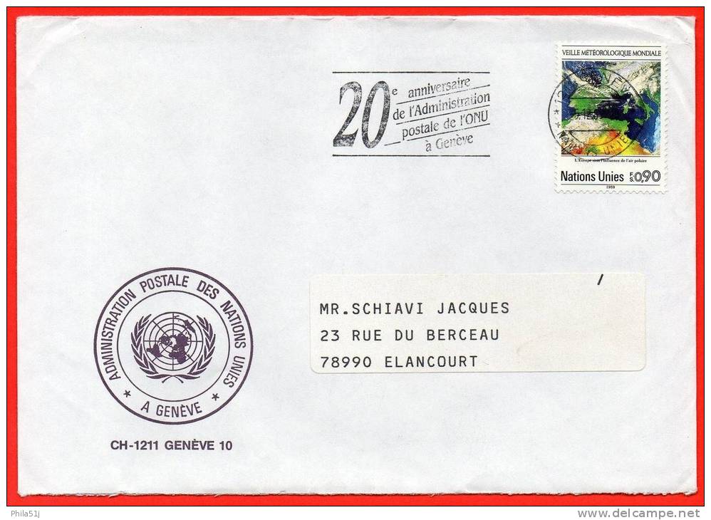 TIMBRE  N°176 SUR  ENVELOPPE  20 ANS  DE  L'ADMINISTRATION  POSTALE  DE  L'ONU _OBL - Lettres & Documents