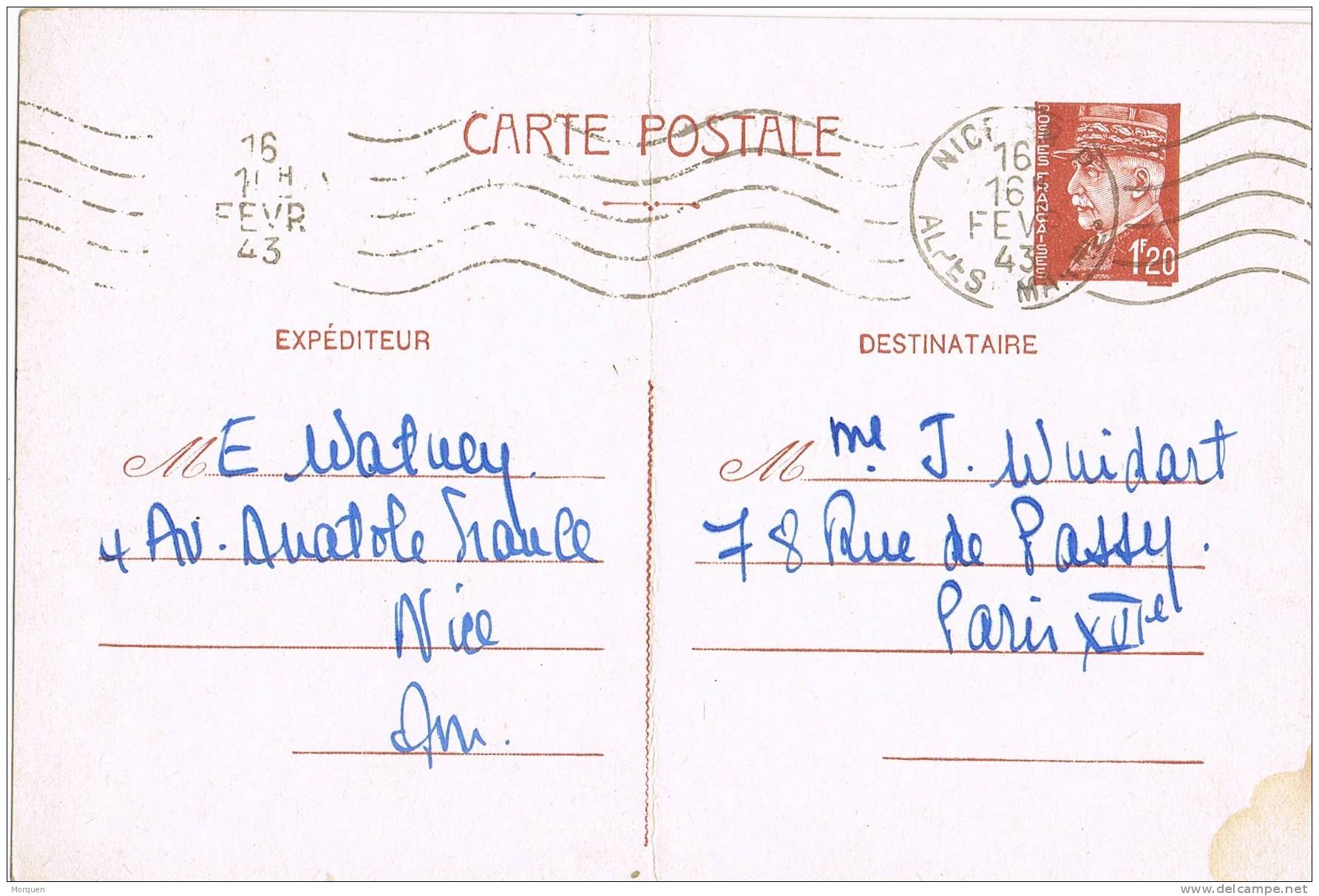 Entero Postal Petain. NICE (Alpes Maritimes) 1943 - 1941-42 Pétain