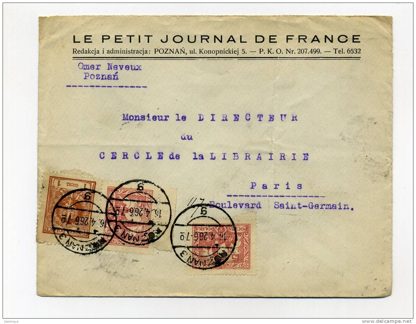 POLOGNE - N°315 (3) SUR LETTRE DE POZNAN POUR PARIS LE 16/4/26 - TB - Lettres & Documents