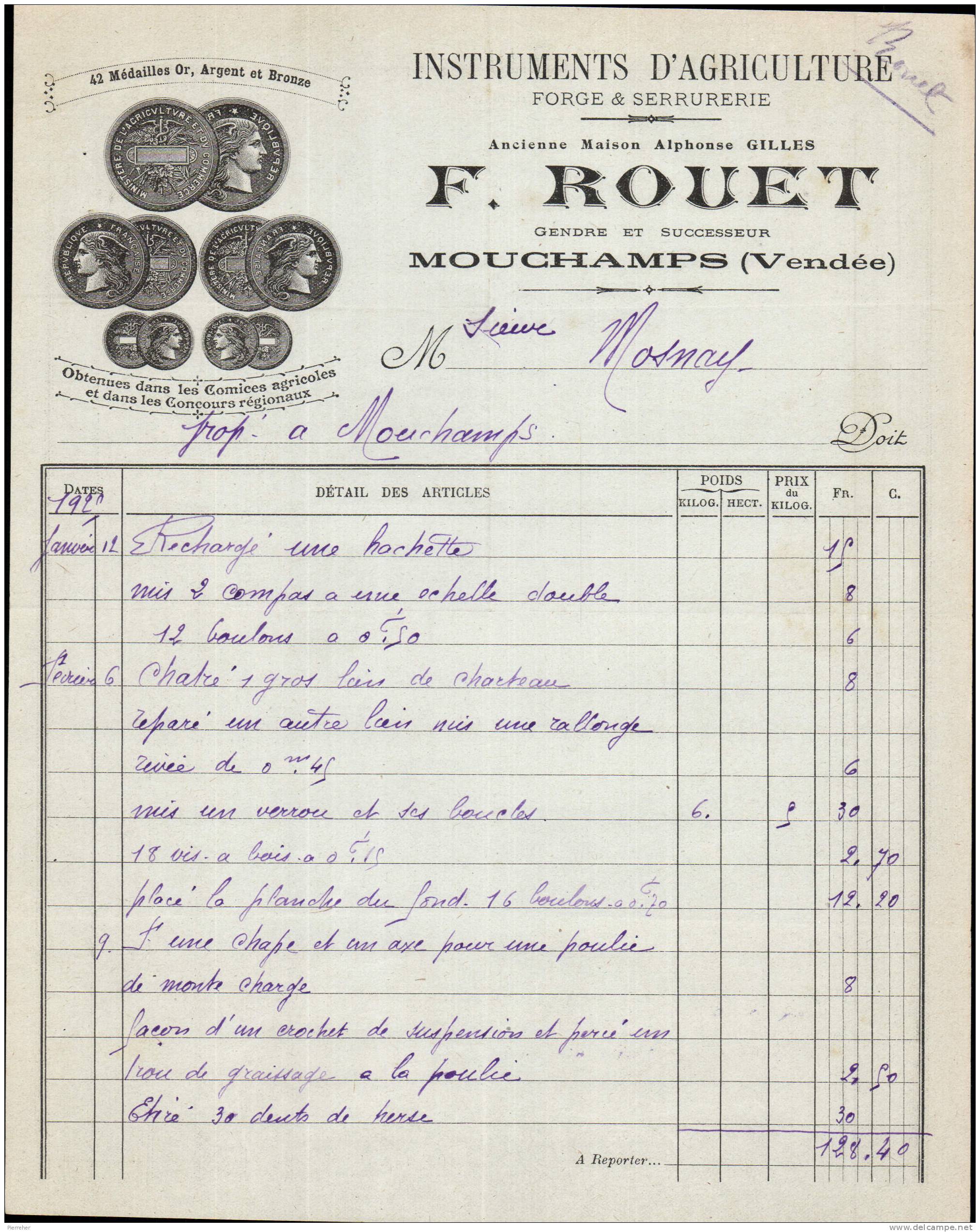 INSTRUMENTS D AGRICULTURE FORGE SERRURERIE F. ROUTE - MOUCHAMPS VENDEE - 1920 - Landwirtschaft