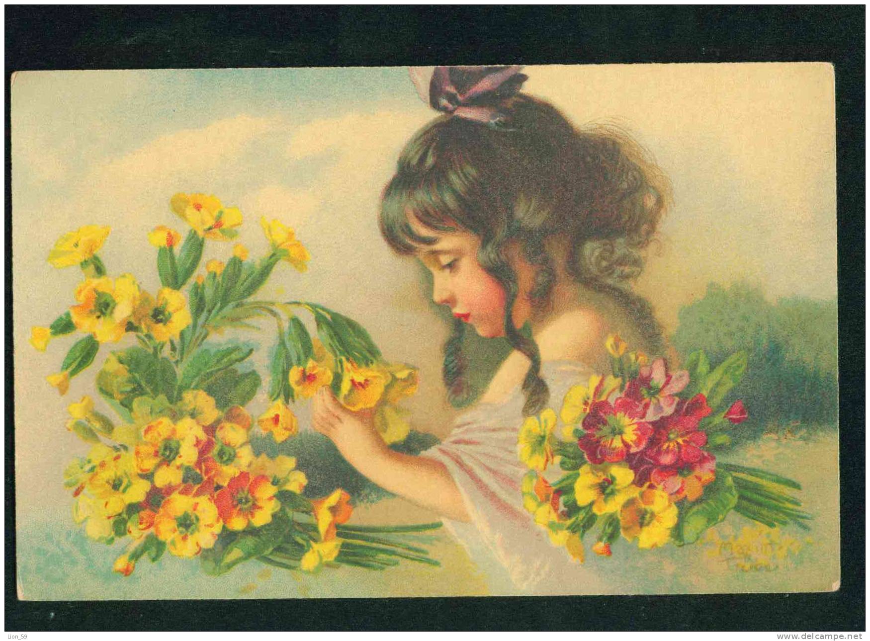 31602  Illustrator MAXIM TRUEBE - BELLE JEUNE FILLE AVEC DES FLEURS Pc Publisher: W&N 892 - Trübe, Maxim